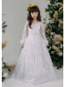 Long Sleeves White Lace Satin Romantic Flower Girl Dress